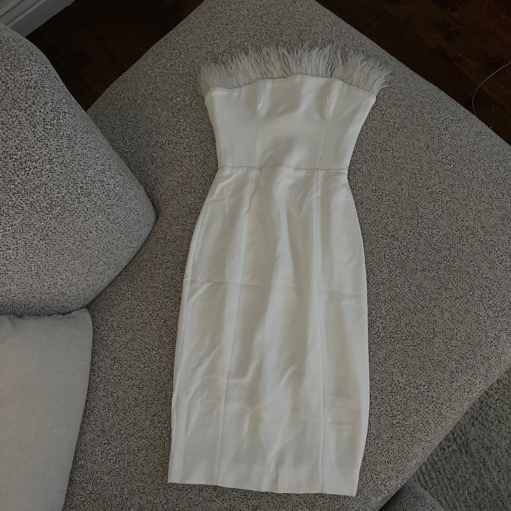 House of CB white dress with feathers